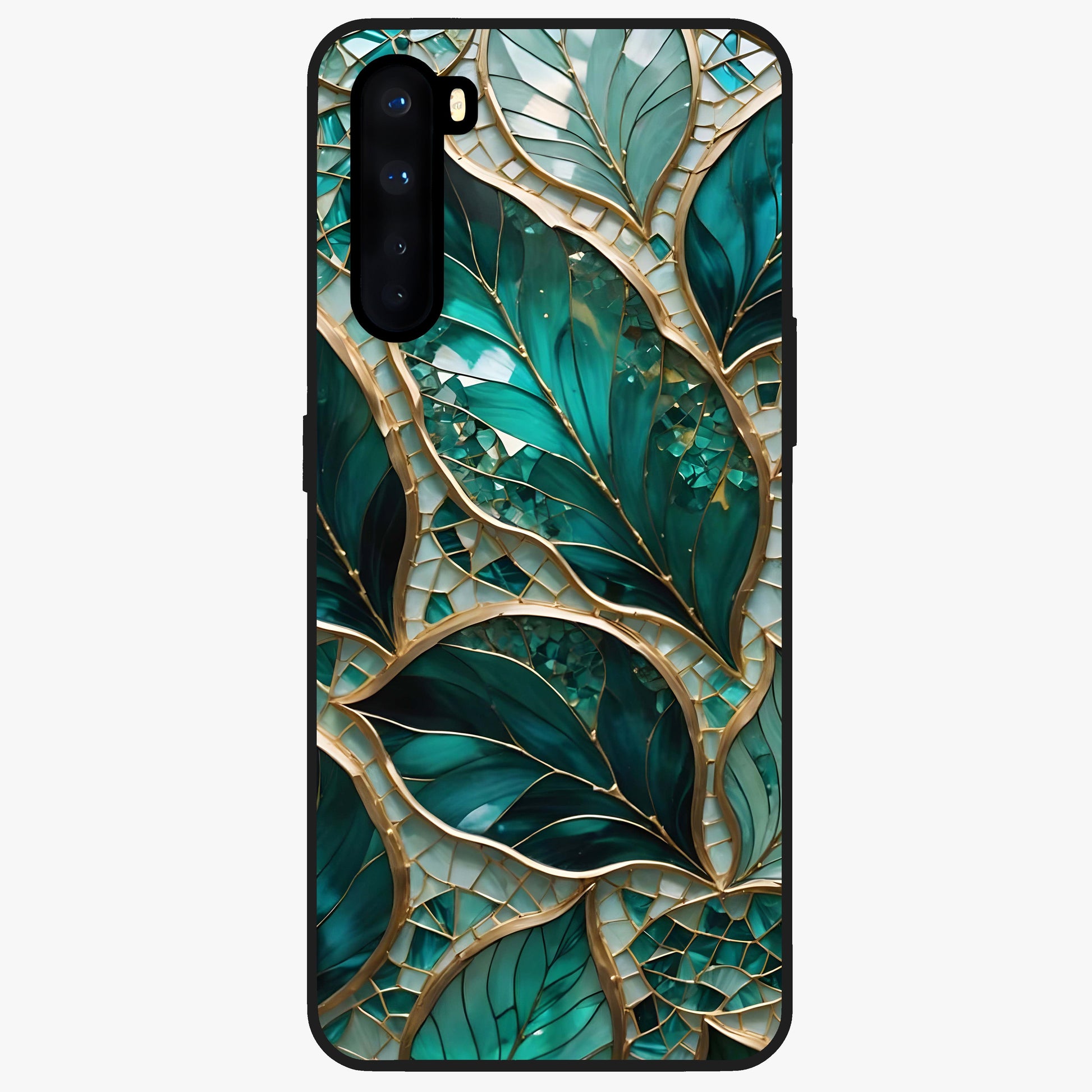 Emerald Leaf Glass Glass Case showing flat back view with emerald green leaf artwork and glossy glass finish.