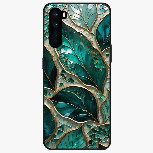 Emerald Leaf Glass Glass Case showing flat back view with emerald green leaf artwork and glossy glass finish.