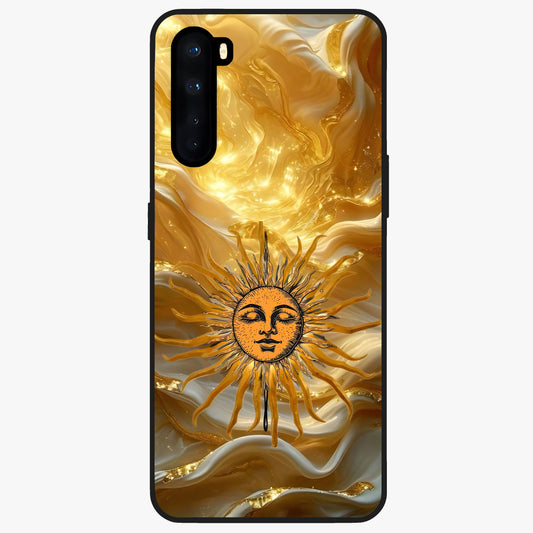 Eternal Golden Glow Glass Case showing flat back view with radiant golden themed artwork and glossy glass finish.