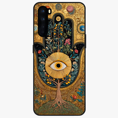 Ethereal Evil Eye Glass Case showing flat back view with mystical evil eye artwork and glossy glass finish.