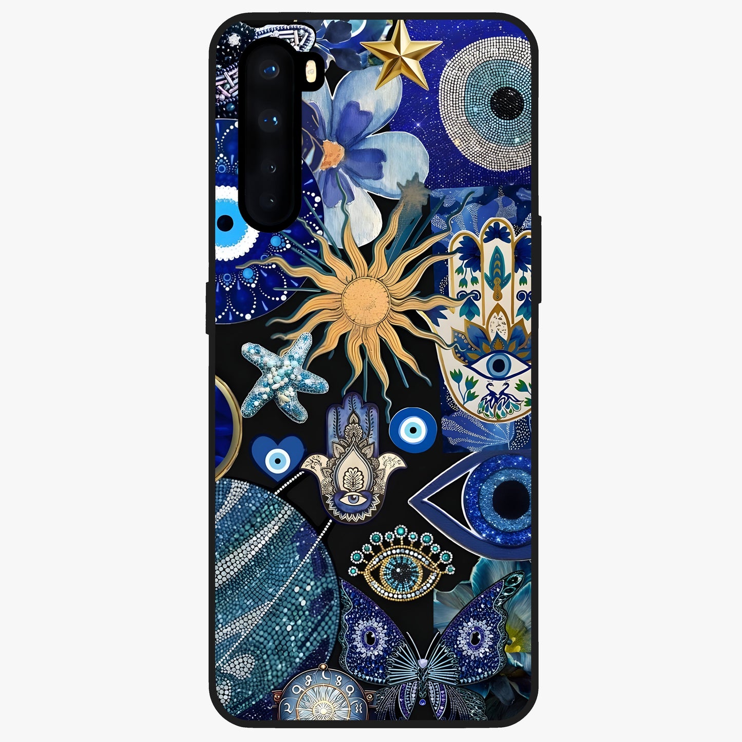 Evil Eye Charm Mix Glass Case showing flat back view with multiple evil eye charms artwork and glossy glass finish.