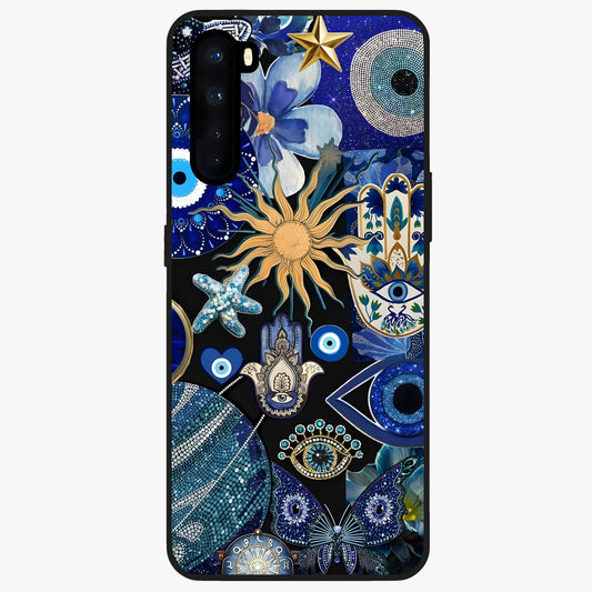 Evil Eye Charm Mix Glass Case showing flat back view with multiple evil eye charms artwork and glossy glass finish.