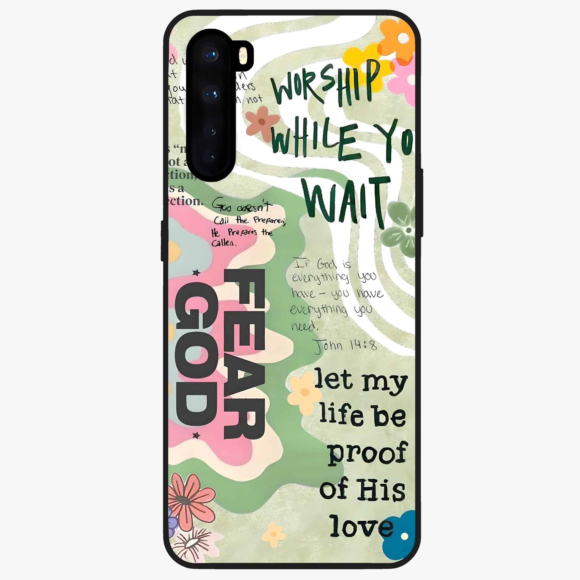 Faith Over Fear Glass Case showing flat back view with motivational typography artwork and glossy glass finish.