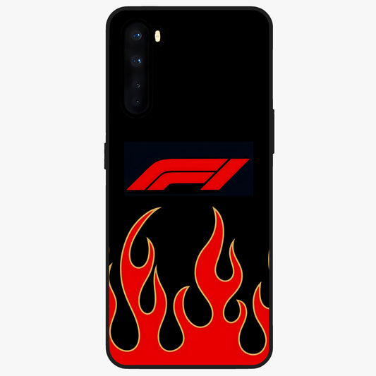 Fire F11 Glass Case showing flat back view with fiery themed artwork and glossy glass finish.