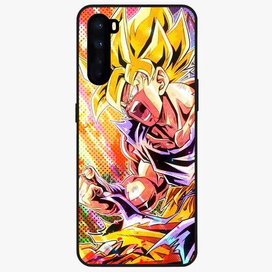 Firing Goku Glass Case showing flat back view with powerful anime inspired artwork and glossy glass finish.