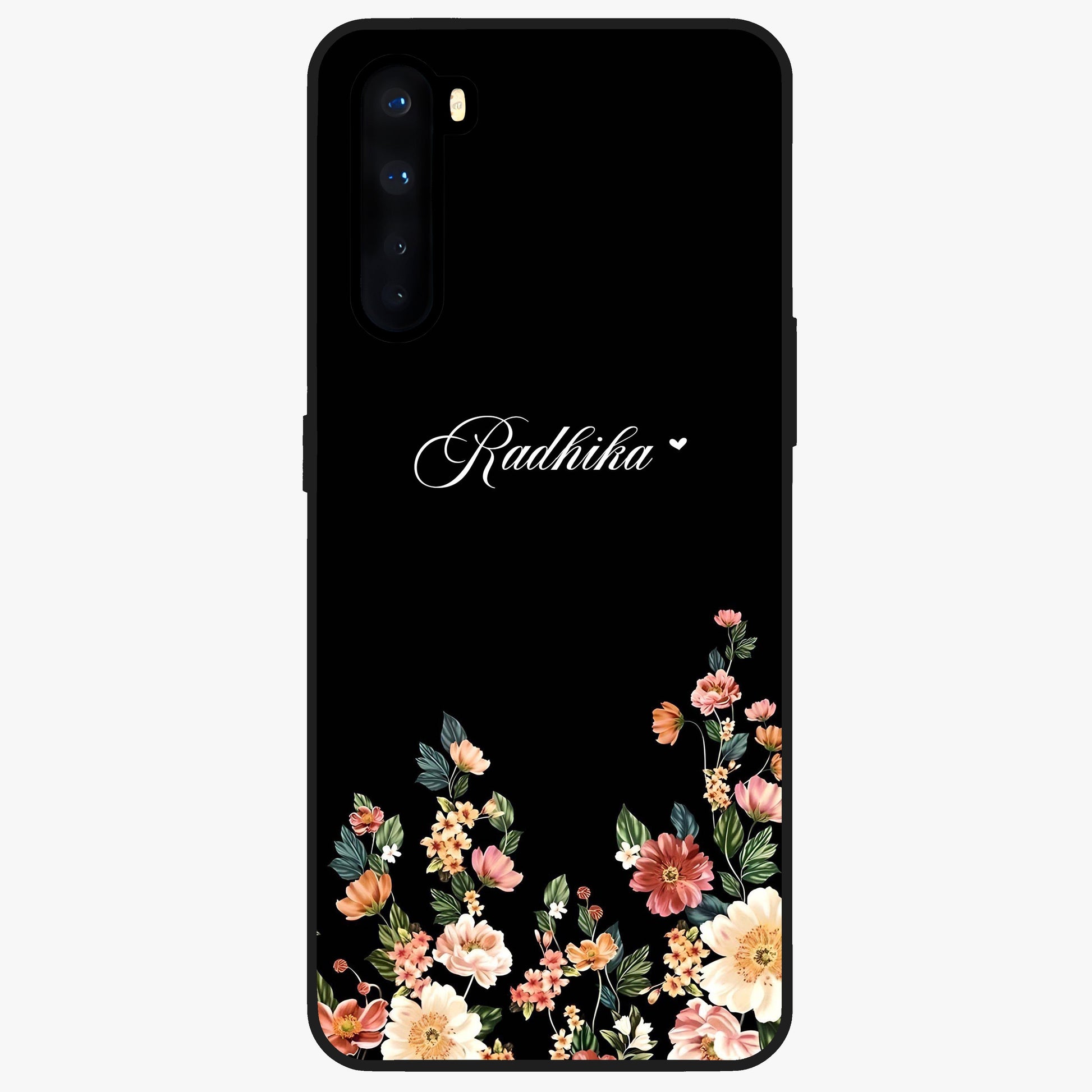 Floral Design With a Custom Personalized Name Glass Case showing flat back view with floral artwork and personalized name design.