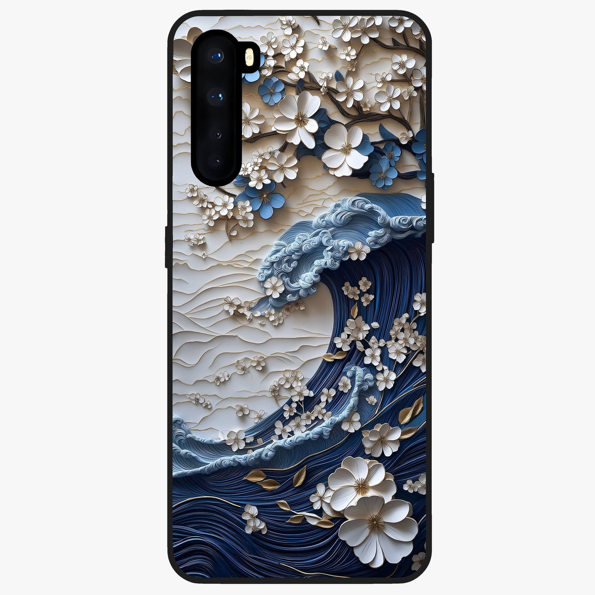 Floral Wave Origami Glass Case showing flat back view with origami inspired floral wave artwork and glossy glass finish.