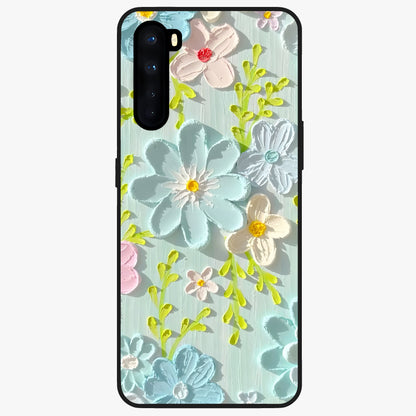 Frosted Petal Garden Glass Case showing flat back view with soft frosted floral artwork and glossy glass finish.