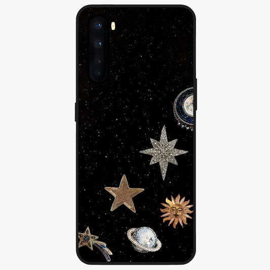 Galactic Charm Glow Glass Case showing flat back view with glowing celestial charm artwork and glossy glass finish.