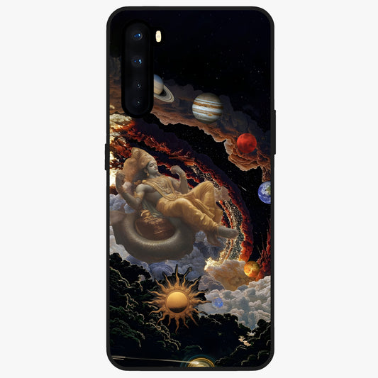 Galactic Divine God Glass Case showing flat back view with divine cosmic themed artwork and glossy glass finish.