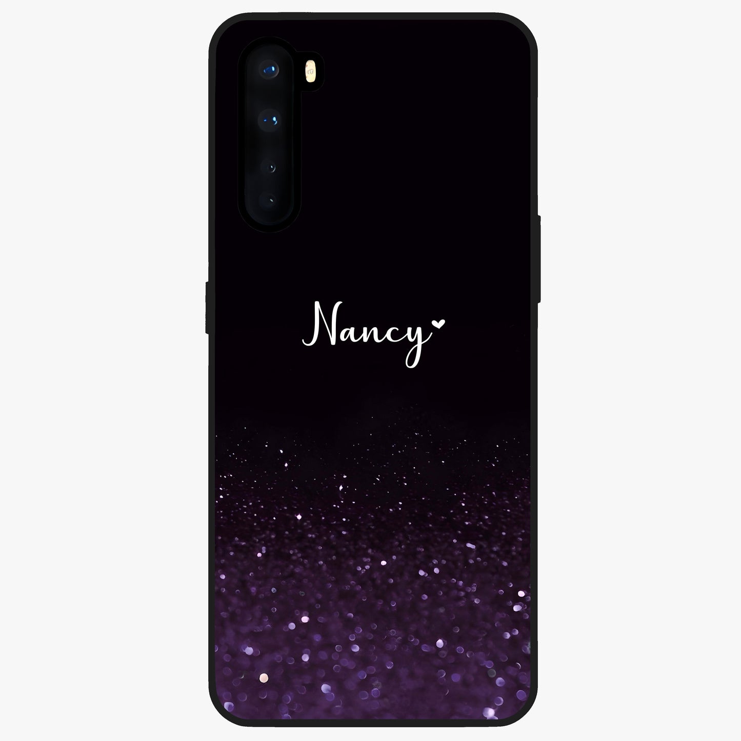 Glittery Purple Bokeh Custom Name Glass Case showing flat back view with purple bokeh sparkle artwork and personalized name design.
