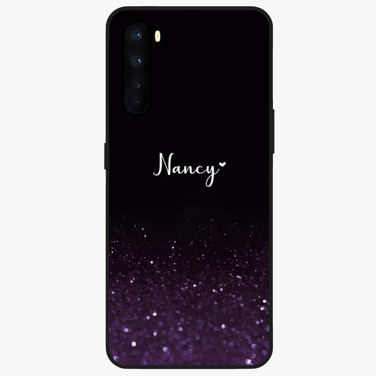 Glittery Purple Bokeh Custom Name Glass Case showing flat back view with purple bokeh sparkle artwork and personalized name design.