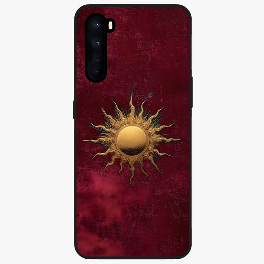 Gold Sun Blush Glass Case showing flat back view with golden sun inspired artwork and glossy glass finish.