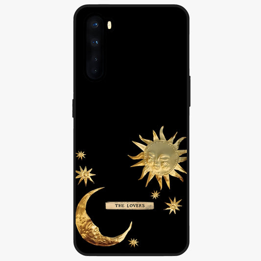 Golden Celestial Charm Glass Case showing flat back view with golden celestial charm artwork and glossy glass finish.