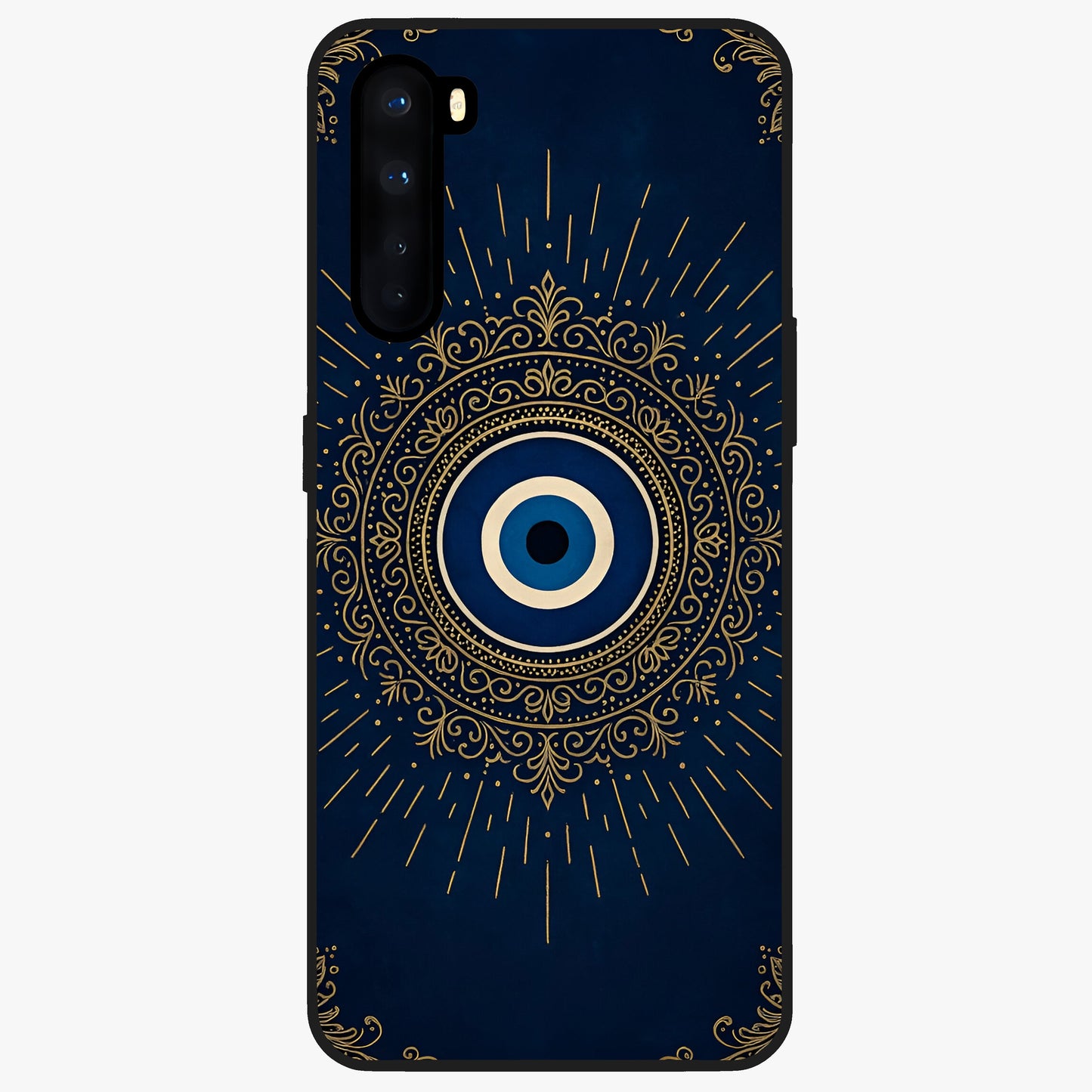 Golden Evil Eye Mandala Glass Case showing flat back view with intricate evil eye mandala artwork and glossy glass finish.