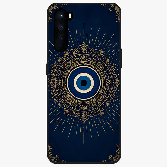 Golden Evil Eye Mandala Glass Case showing flat back view with intricate evil eye mandala artwork and glossy glass finish.