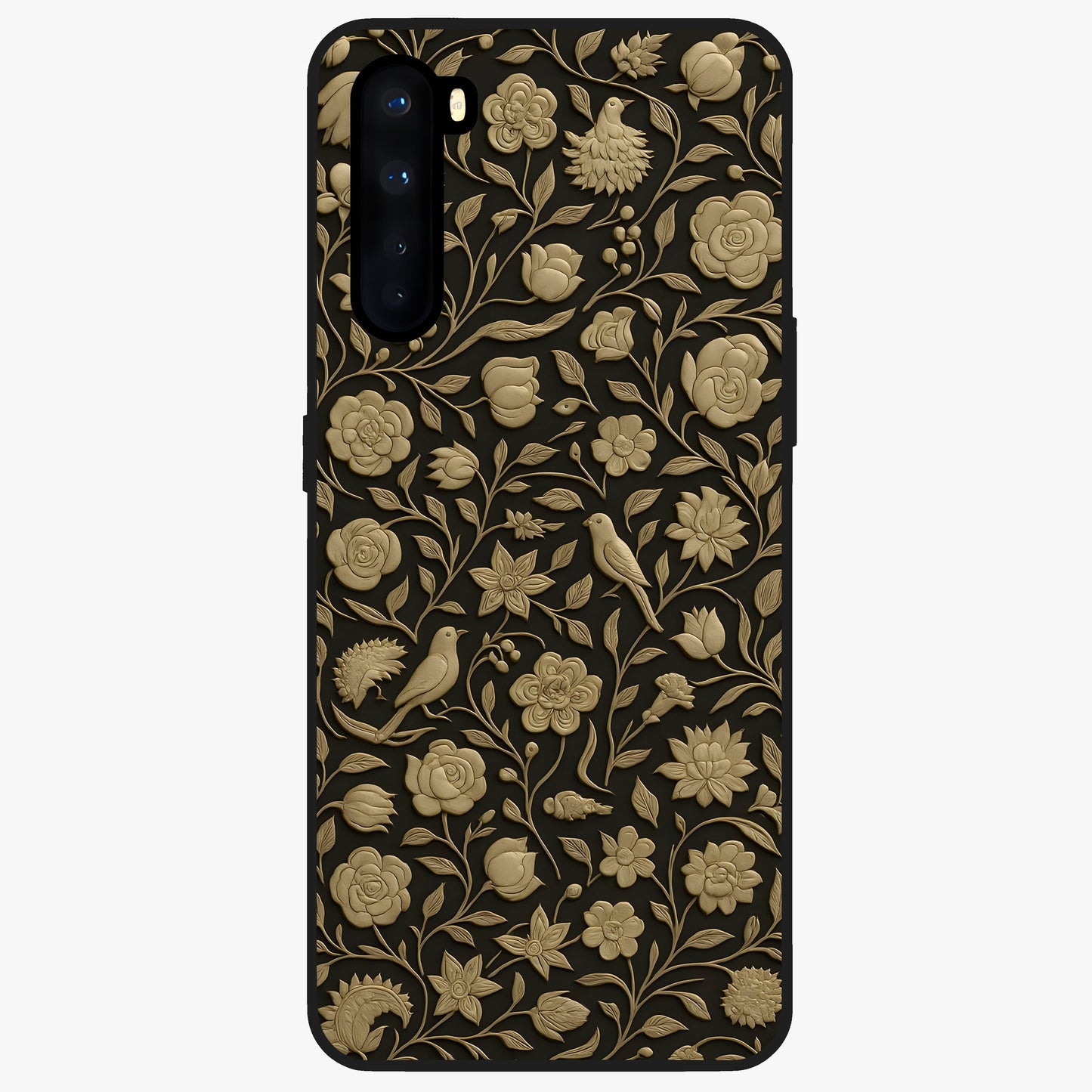 Golden Floral Majesty Glass Case showing flat back view with luxurious golden floral artwork and glossy glass finish.