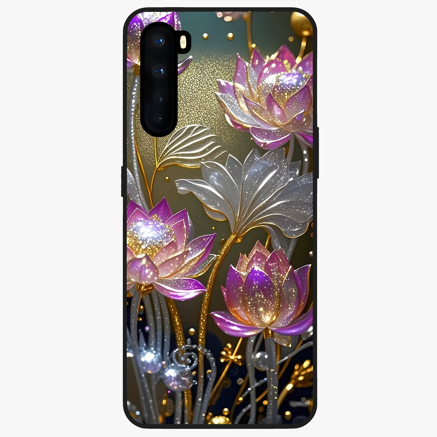 Golden Lotus Glow Glass Case showing flat back view with glowing lotus flower artwork and glossy glass finish.