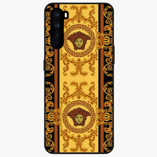 Golden Royal Heritage Glass Case showing flat back view with ornate royal pattern artwork and glossy glass finish.
