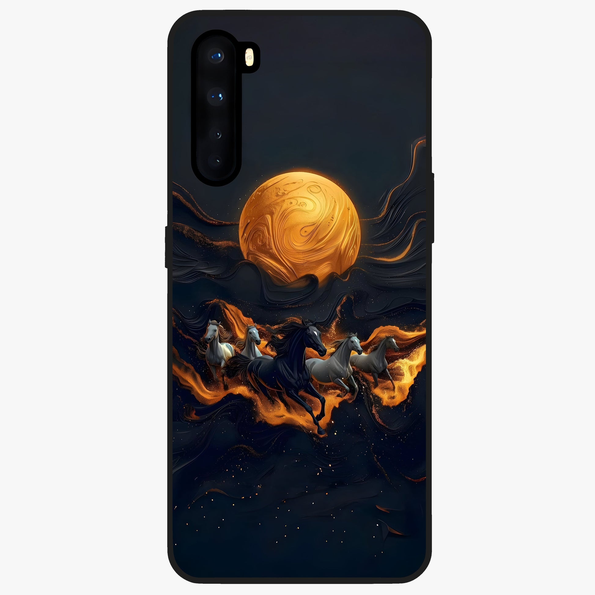 Golden Stallion Moonride Glass Case showing flat back view with majestic horse under moonlight artwork and glossy glass finish.