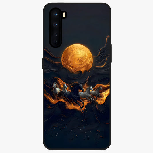 Golden Stallion Moonride Glass Case showing flat back view with majestic horse under moonlight artwork and glossy glass finish.