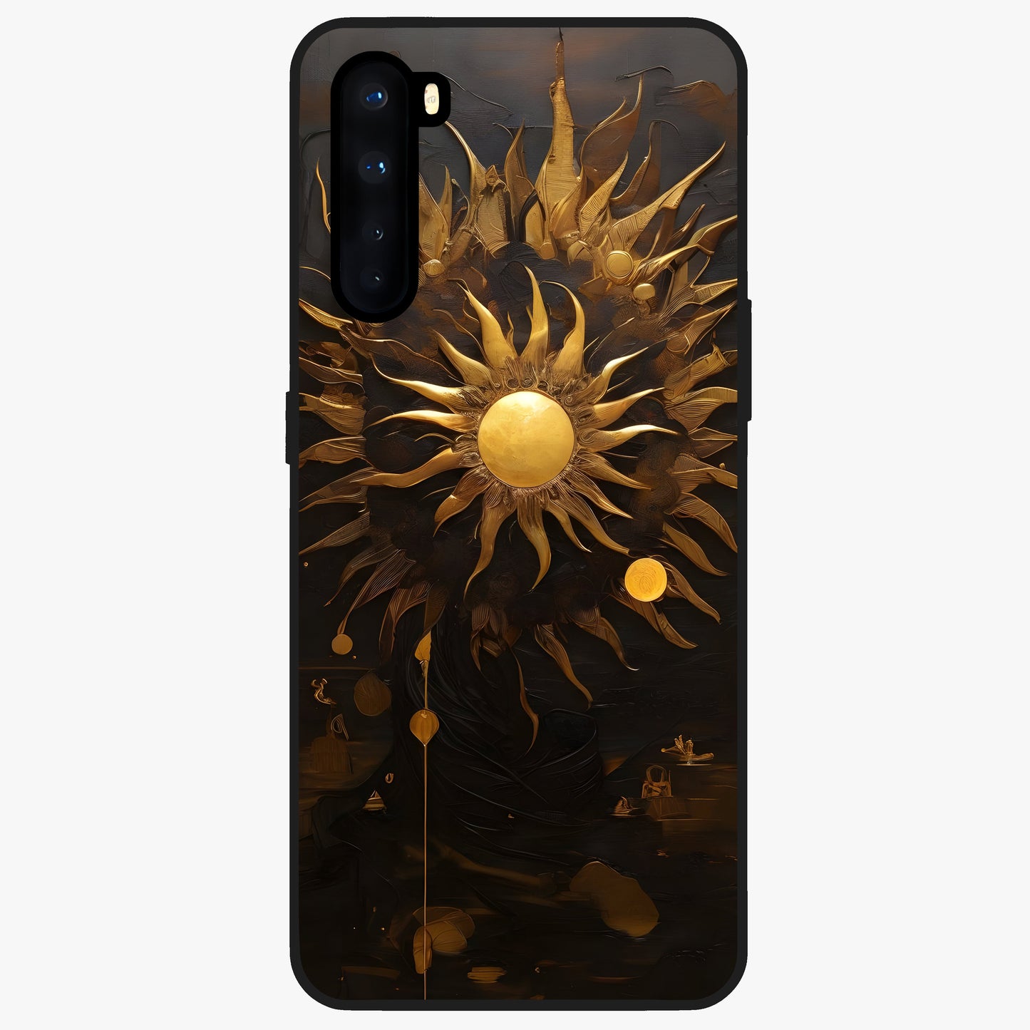 Golden Sun Majesty Glass Case showing flat back view with radiant golden sun artwork and glossy glass finish.