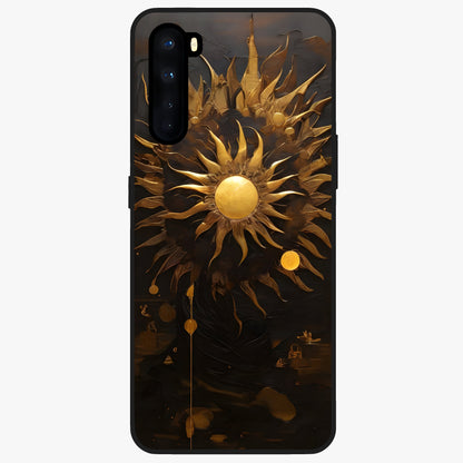 Golden Sun Majesty Glass Case showing flat back view with radiant golden sun artwork and glossy glass finish.