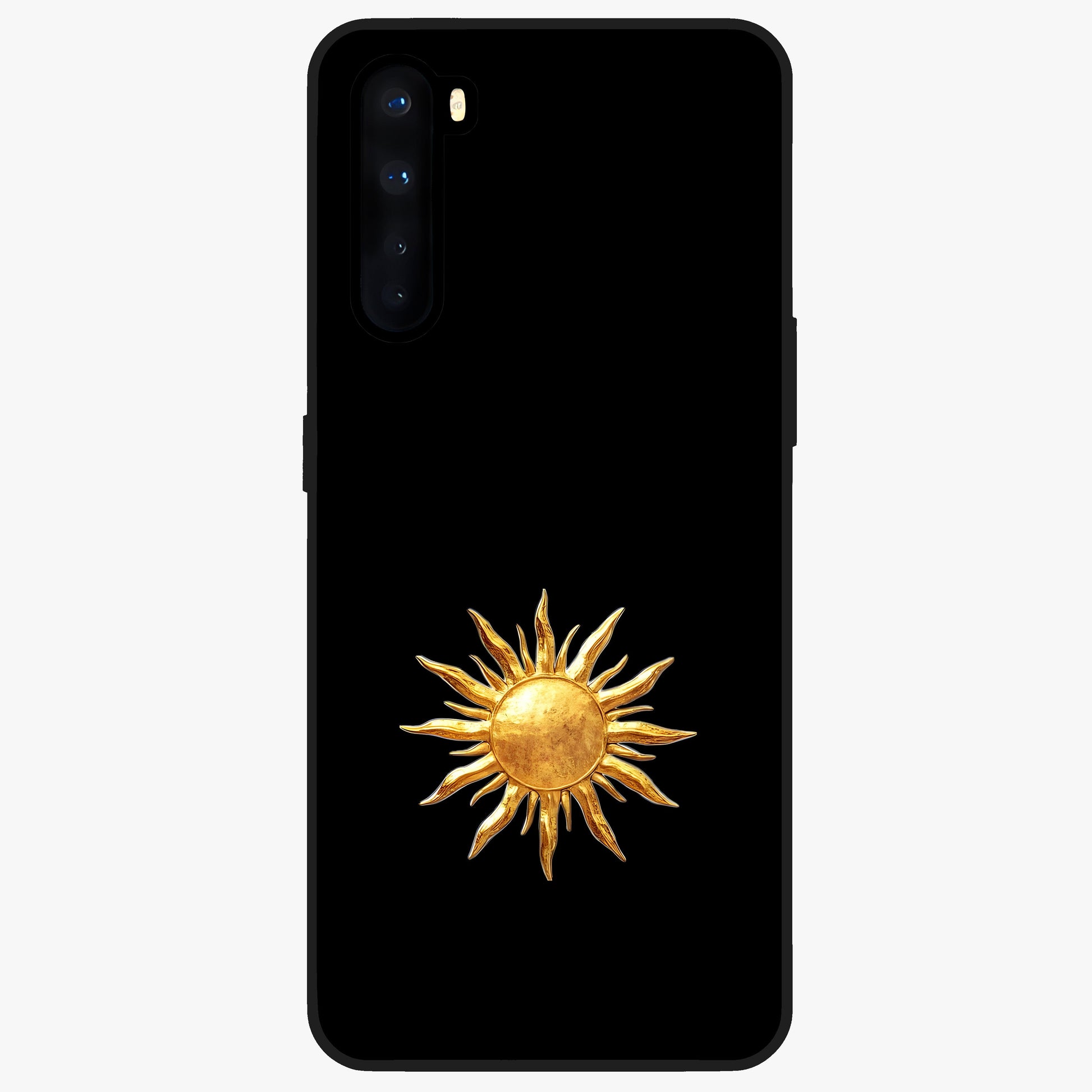 Golden Sun Minimalism Glass Case showing flat back view with minimal golden sun artwork and glossy glass finish.