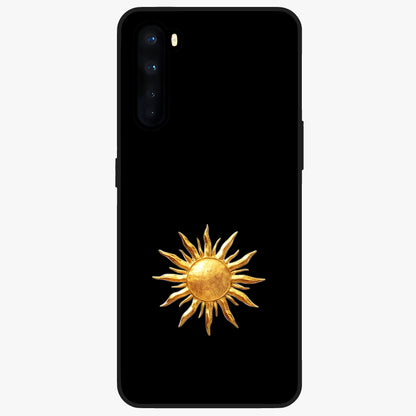 Golden Sun Minimalism Glass Case showing flat back view with minimal golden sun artwork and glossy glass finish.