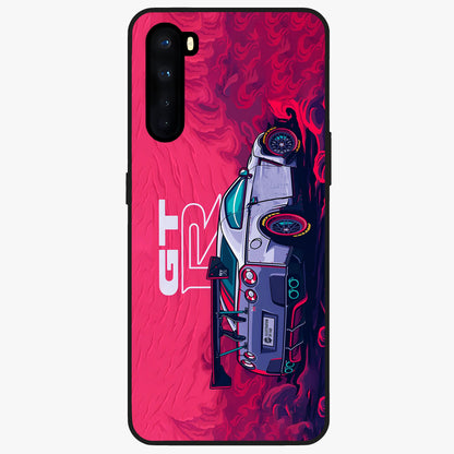 GT-R Car Pattern Glass Case showing flat back view with sporty car inspired pattern artwork and glossy glass finish.