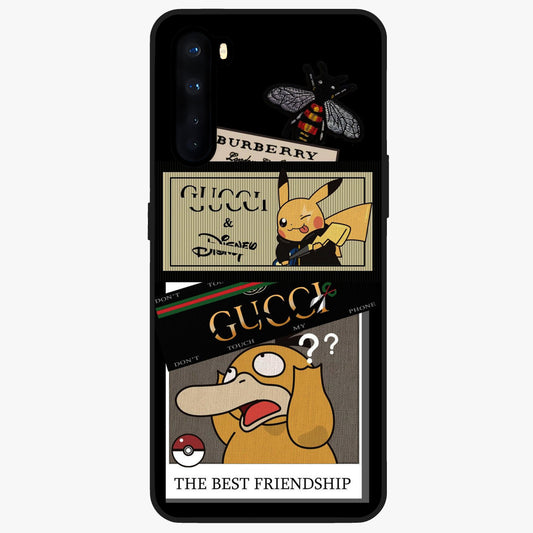 Gucci Play Mashup Glass Case showing flat back view with luxury inspired graphic artwork and glossy glass finish.