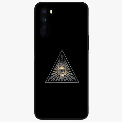 Illuminati Evil Glass Case showing flat back view with mysterious illuminati symbol artwork and glossy glass finish.