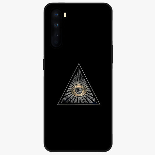 Illuminati Evil Glass Case showing flat back view with mysterious illuminati symbol artwork and glossy glass finish.