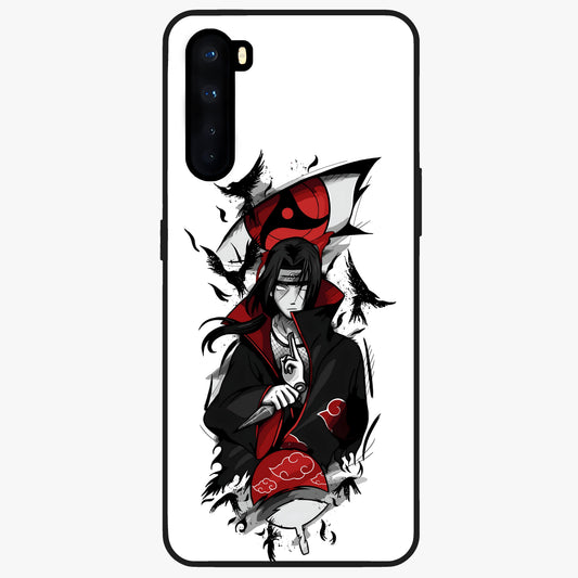 Itachi Sharingan Glass Case showing flat back view with powerful anime eye artwork and glossy glass finish.