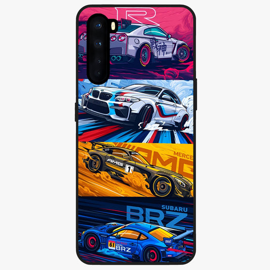 JDM Sports Car Glass Case showing flat back view with high performance sports car artwork and glossy glass finish.