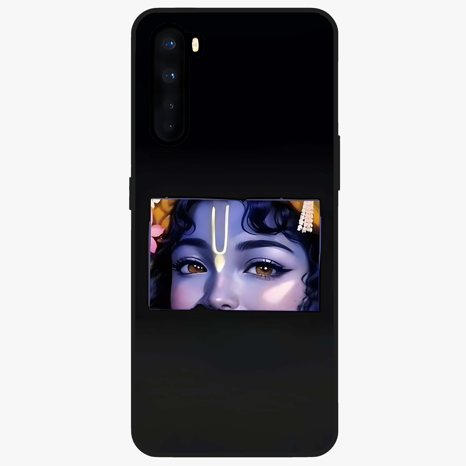 Krishna Divine Embrace Glass Case showing flat back view with Lord Krishna devotional artwork and glossy glass finish.
