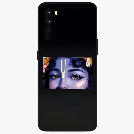 Krishna Divine Embrace Glass Case showing flat back view with Lord Krishna devotional artwork and glossy glass finish.