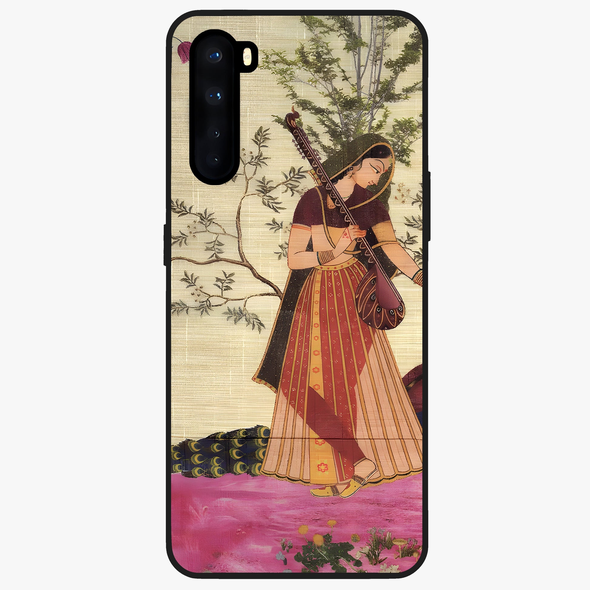 Lady With Veena Art Glass Case showing flat back view with elegant woman playing veena artwork and glossy glass finish.