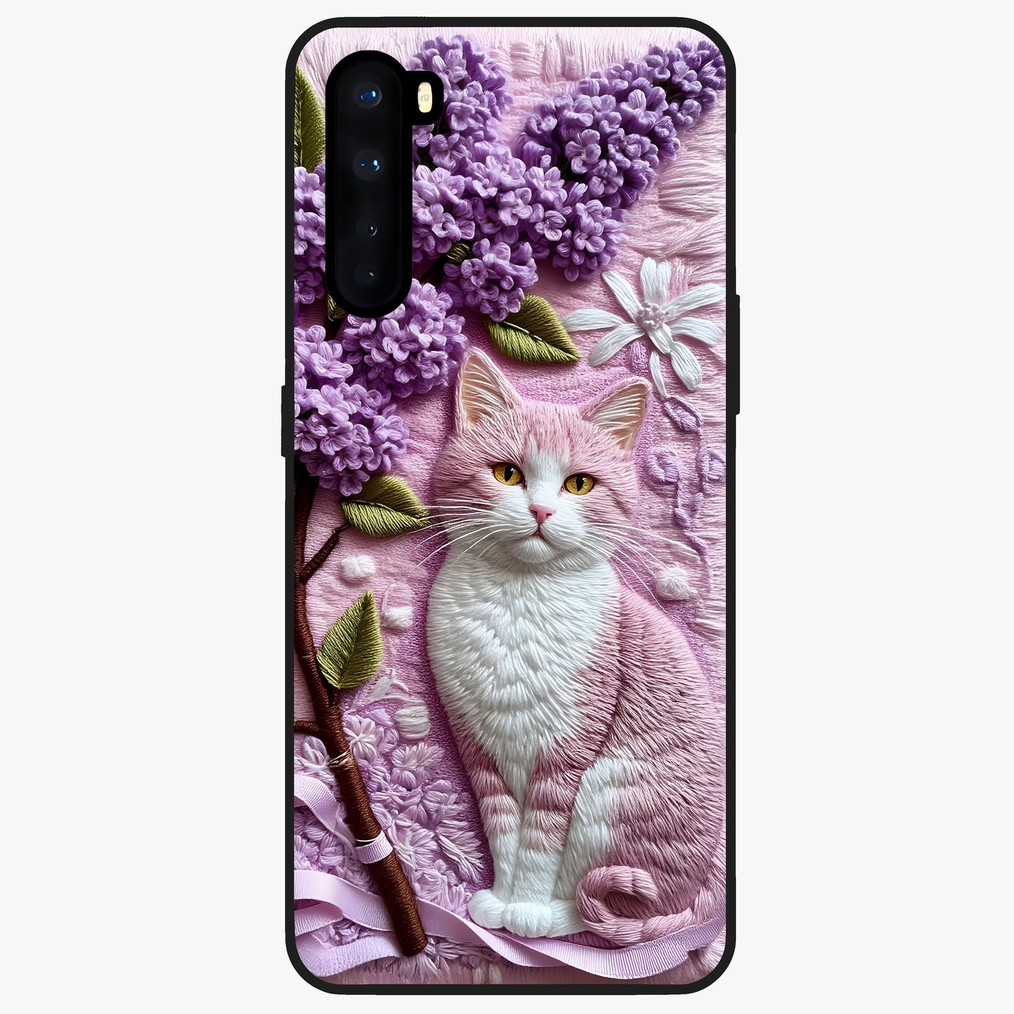 Lavender Cat Whimsy Glass Case showing flat back view with cute lavender cat artwork and glossy glass finish.