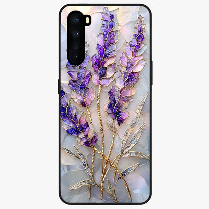 Lavender Dream Glow Glass Case showing flat back view with glowing lavender aesthetic artwork and glossy glass finish.
