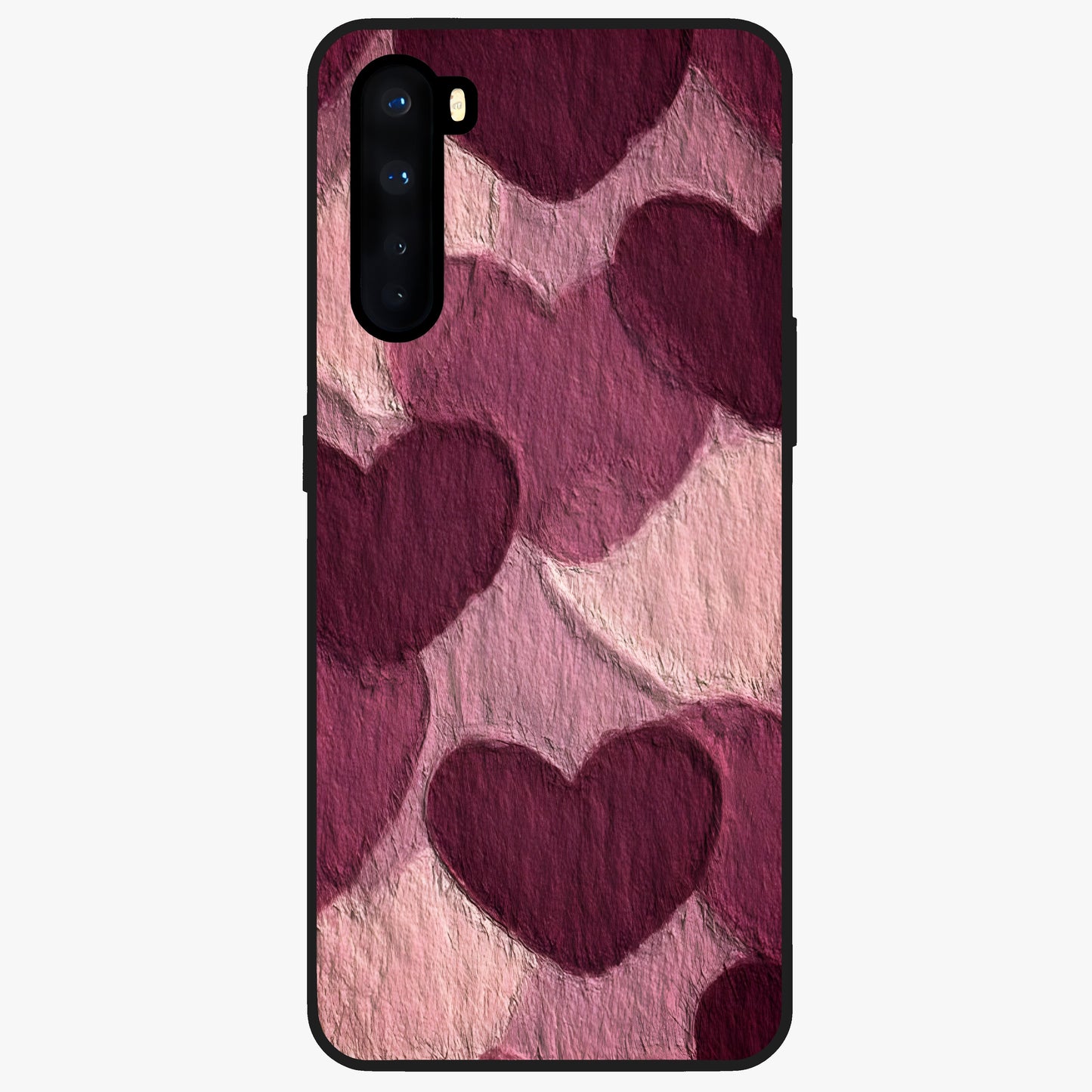 Layered Paper Hearts Glass Case showing flat back view with layered paper heart artwork and glossy glass finish.