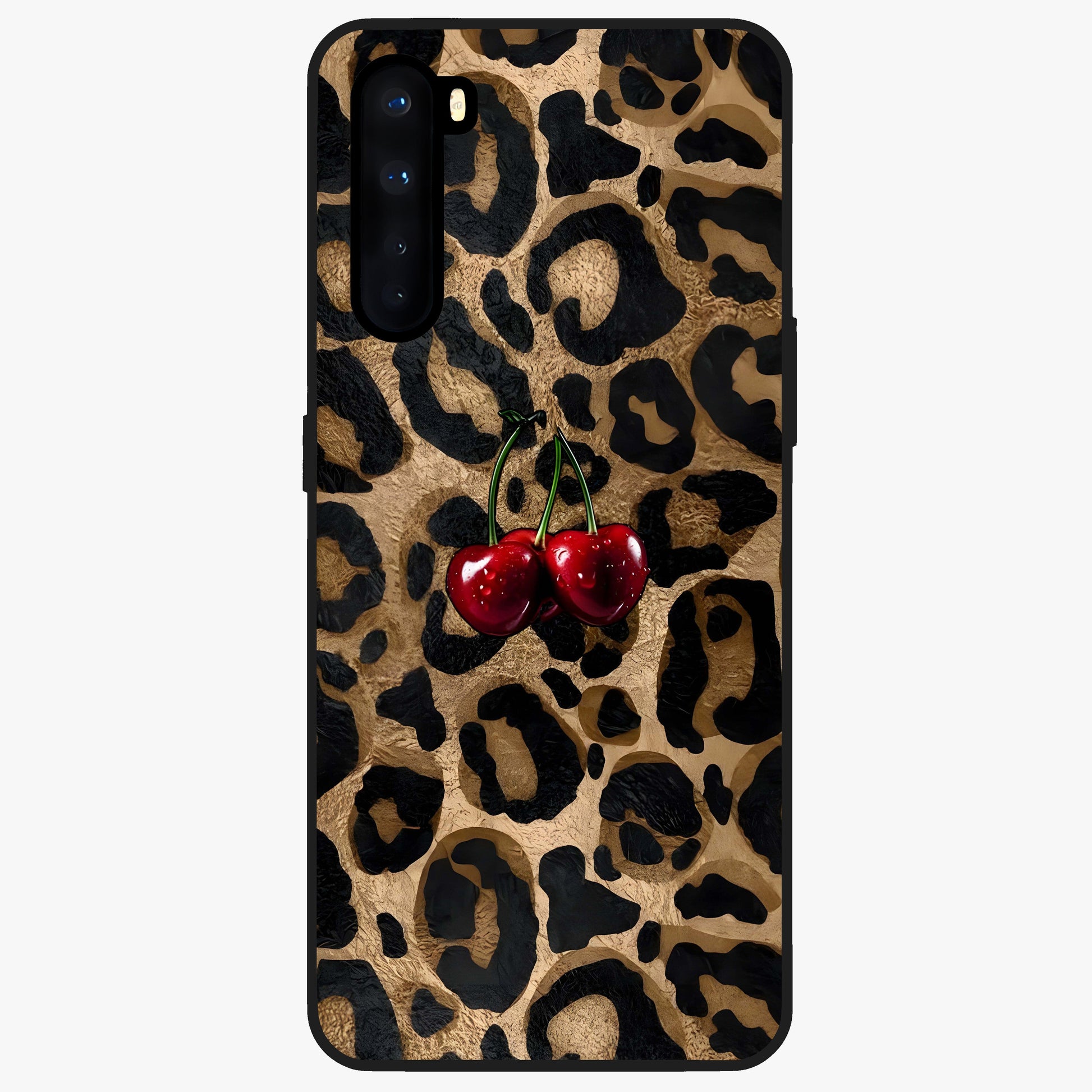 Leopard Wild Cherry Glass Case showing flat back view with leopard pattern and cherry artwork and glossy glass finish.