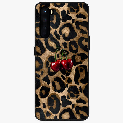 Leopard Wild Cherry Glass Case showing flat back view with leopard pattern and cherry artwork and glossy glass finish.