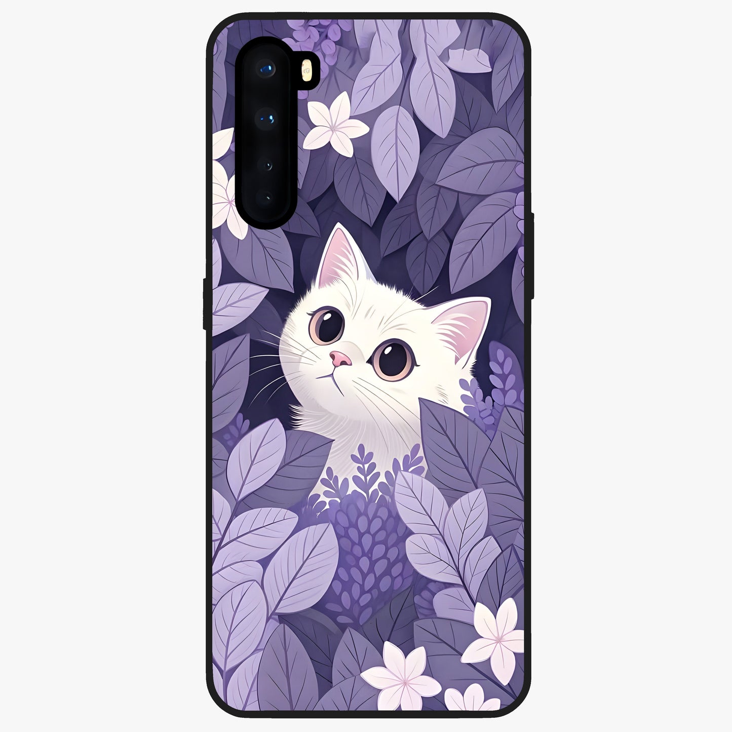 Lilac Hide Peek Cat Glass Case showing flat back view with cute peeking cat artwork and glossy glass finish.