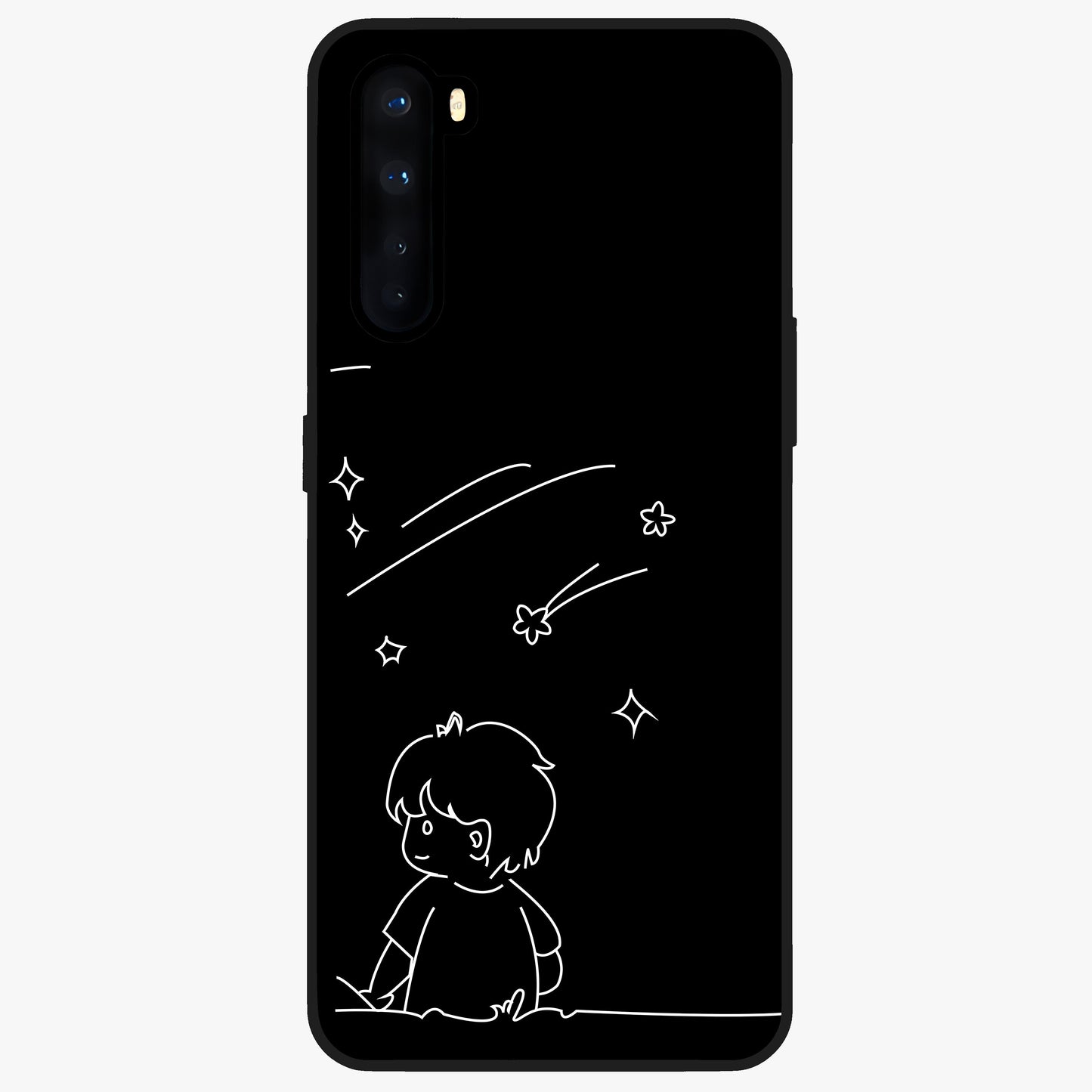 Line Art Boy With Shooting Stars Glass Case showing flat back view with minimal line art boy and shooting stars illustration and glossy glass finish.