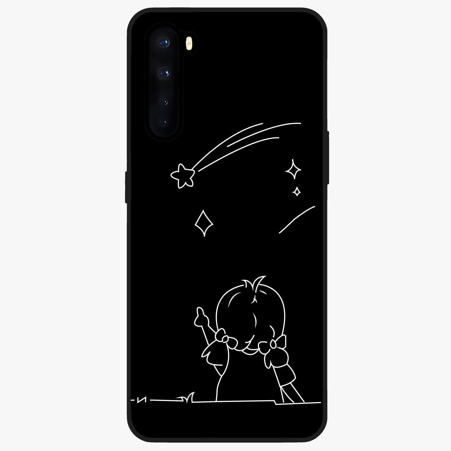 Line Art Girl With Shooting Stars Glass Case showing flat back view with minimal line art girl and shooting stars illustration and glossy glass finish.
