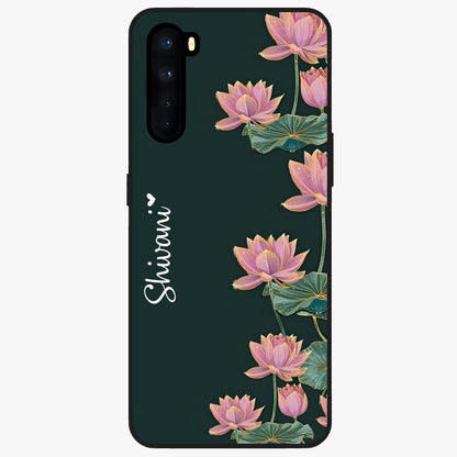 Lotus Bloom Serenity Custom Name Glass Case showing flat back view with elegant lotus flower artwork and personalized name design.