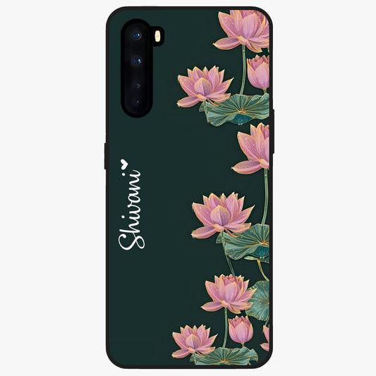Lotus Bloom Serenity Custom Name Glass Case showing flat back view with elegant lotus flower artwork and personalized name design.