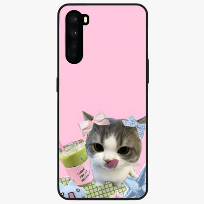 Love Matcha Cat Glass Case showing flat back view with cute cat and matcha themed artwork and glossy glass finish.