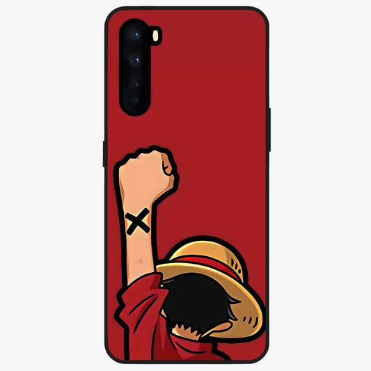 Luffy X Spirit Glass Case showing flat back view with bold anime character artwork and glossy glass finish.